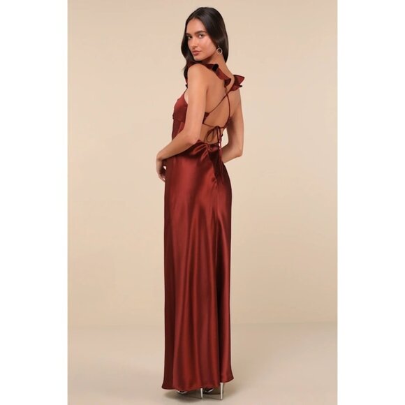 Lulus Dresses & Skirts - Lulus Rust Red Exuberant Luxury Satin Ruffled Lace Up Maxi Dress Size S